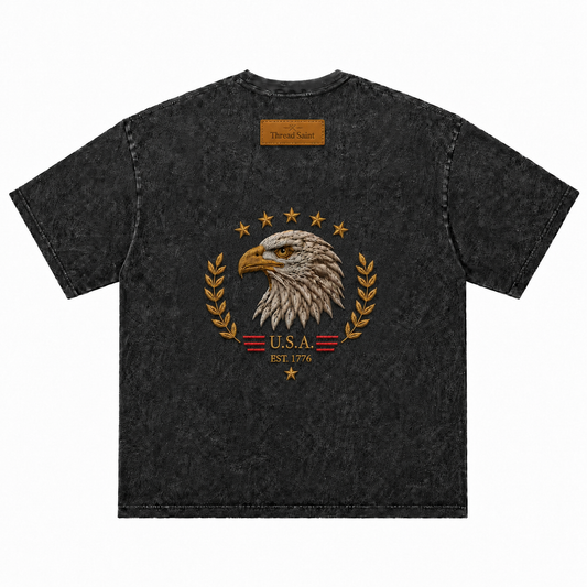 Vintage Black Oversized Drop-Shoulder T‑Shirt with American Bald Eagle Emblem