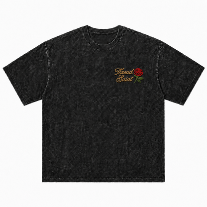 Vintage Washed Textured Black Tee | Thread Saint Rose Embroidery Oversized Unisex Top