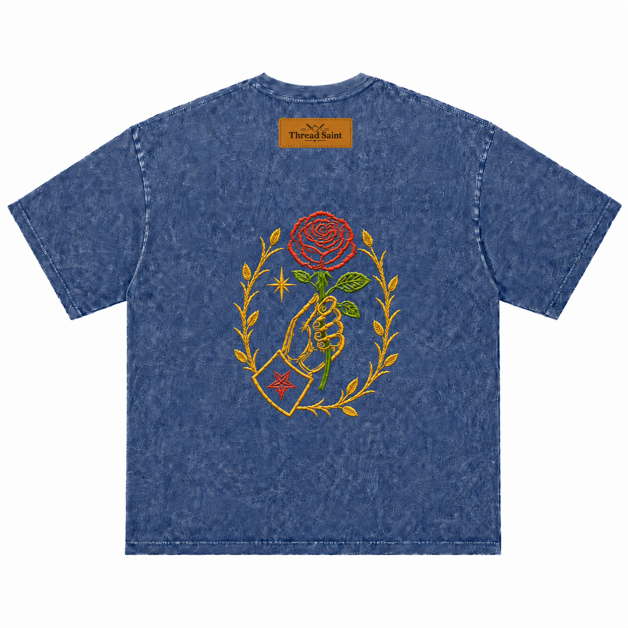 Vintage Washed Textured Black Tee | Thread Saint Rose Embroidery Oversized Unisex Top