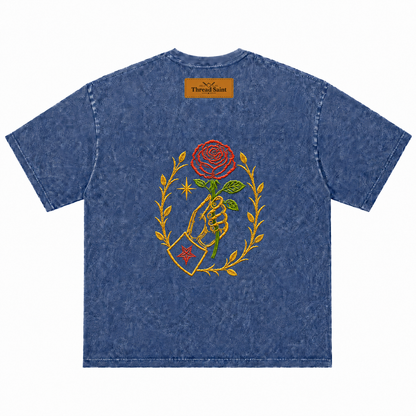 Vintage Washed Textured Black Tee | Thread Saint Rose Embroidery Oversized Unisex Top