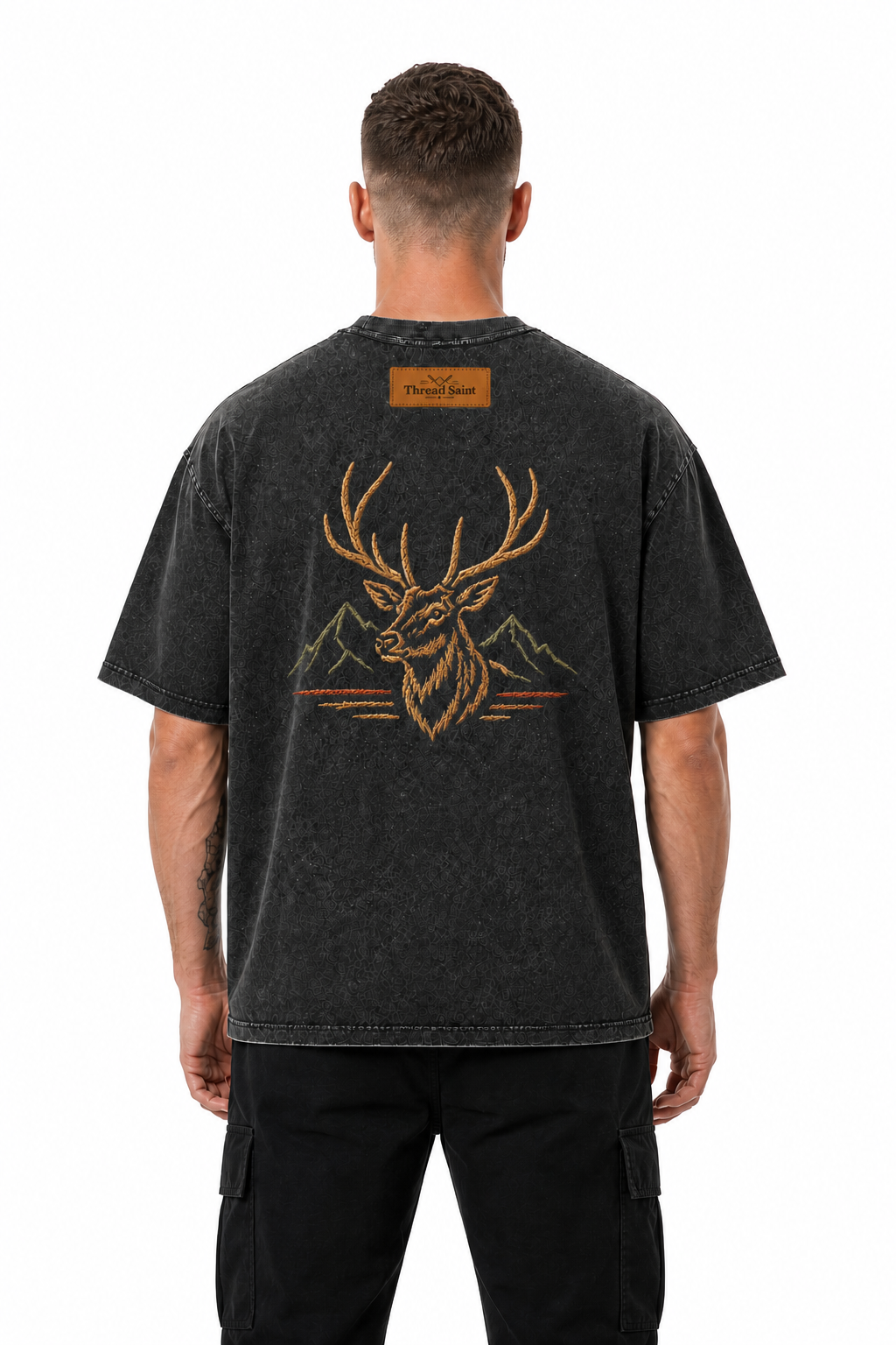 Vintage Washed Textured Black Tee | Oval Mountain Thread Saint Badge Embroidery Oversized Unisex Top