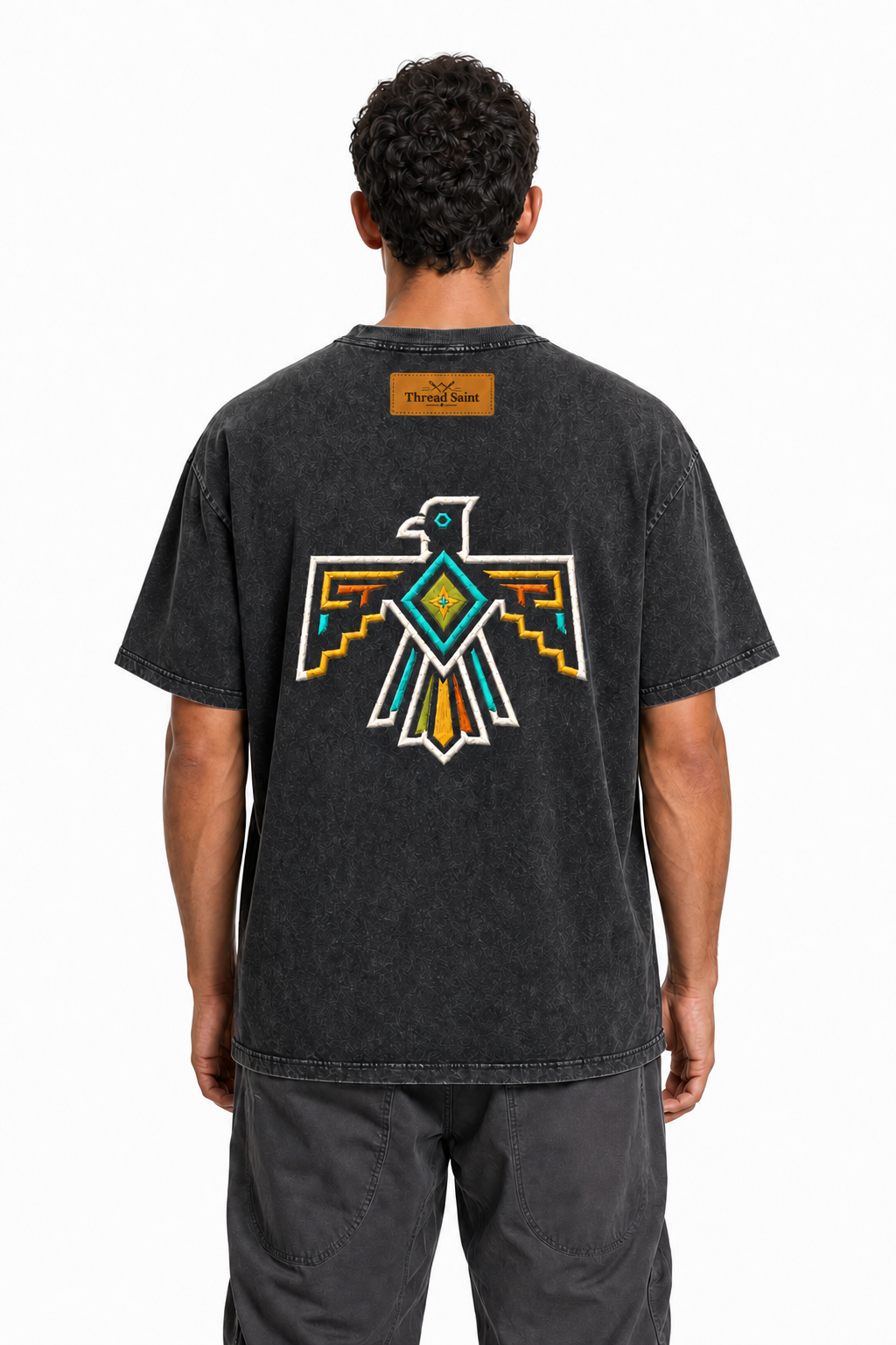 Vintage Washed Textured Black Tee | Gothic Thread Saint Embroidery with Diamond Accents Oversized Unisex Top