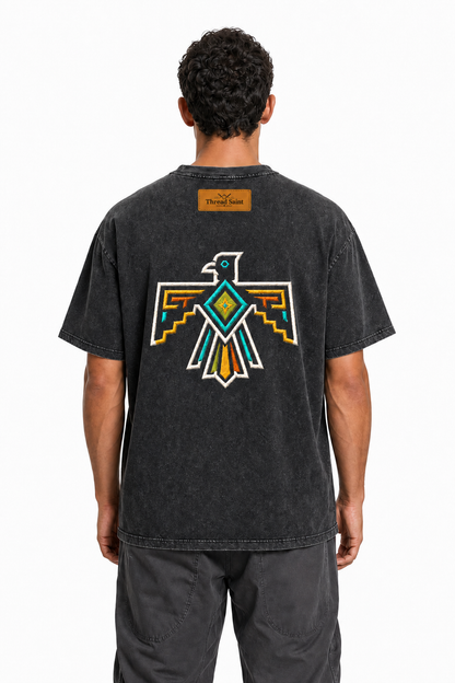 Vintage Washed Textured Black Tee | Gothic Thread Saint Embroidery with Diamond Accents Oversized Unisex Top