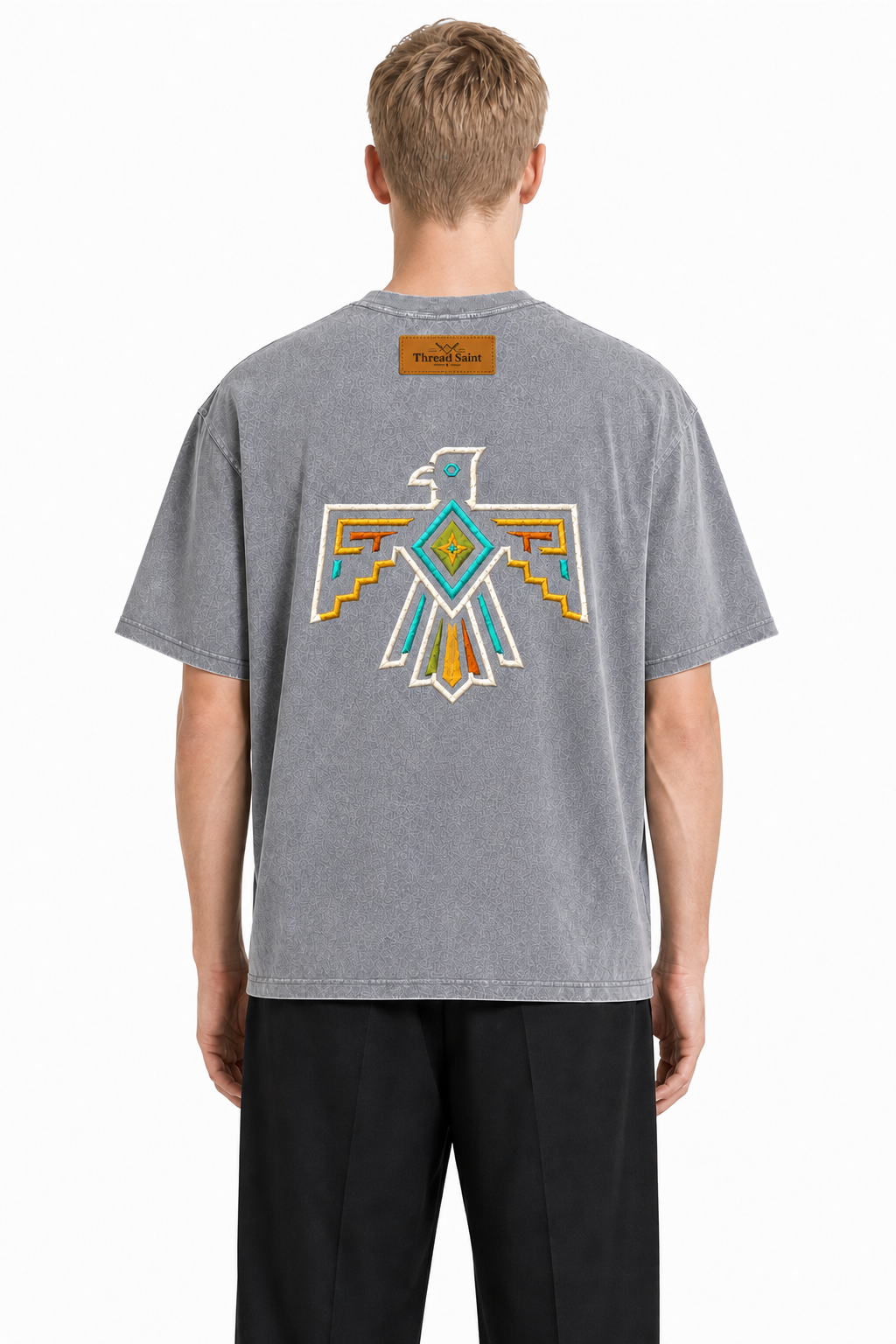 Vintage Washed Textured Black Tee | Gothic Thread Saint Embroidery with Diamond Accents Oversized Unisex Top