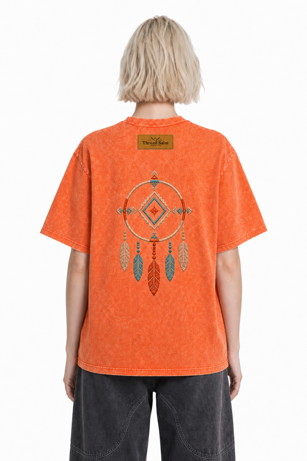 Vintage Washed Textured Black Tee | Western TS Monogram Feather Thread Saint Embroidery Oversized Unisex Top