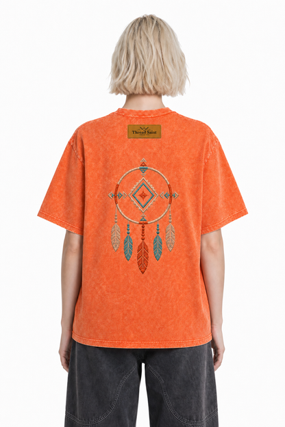 Vintage Washed Textured Black Tee | Western TS Monogram Feather Thread Saint Embroidery Oversized Unisex Top
