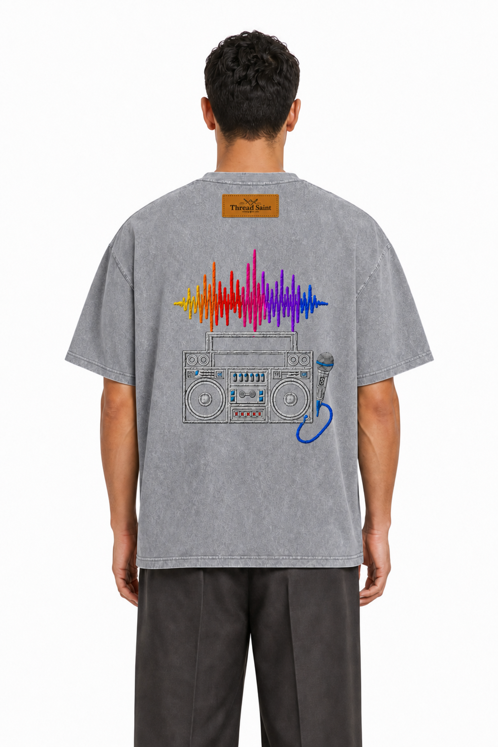 American Vintage Distressed Music Microphone Embroidered Oversized Heavy Cotton Black T-shirt Unisex