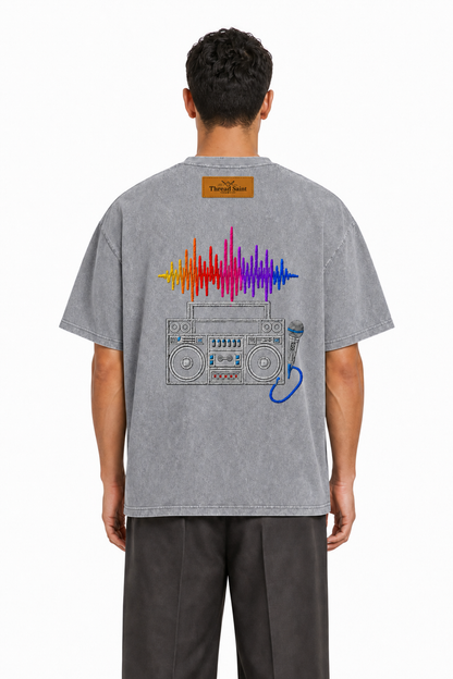 American Vintage Distressed Music Microphone Embroidered Oversized Heavy Cotton Black T-shirt Unisex