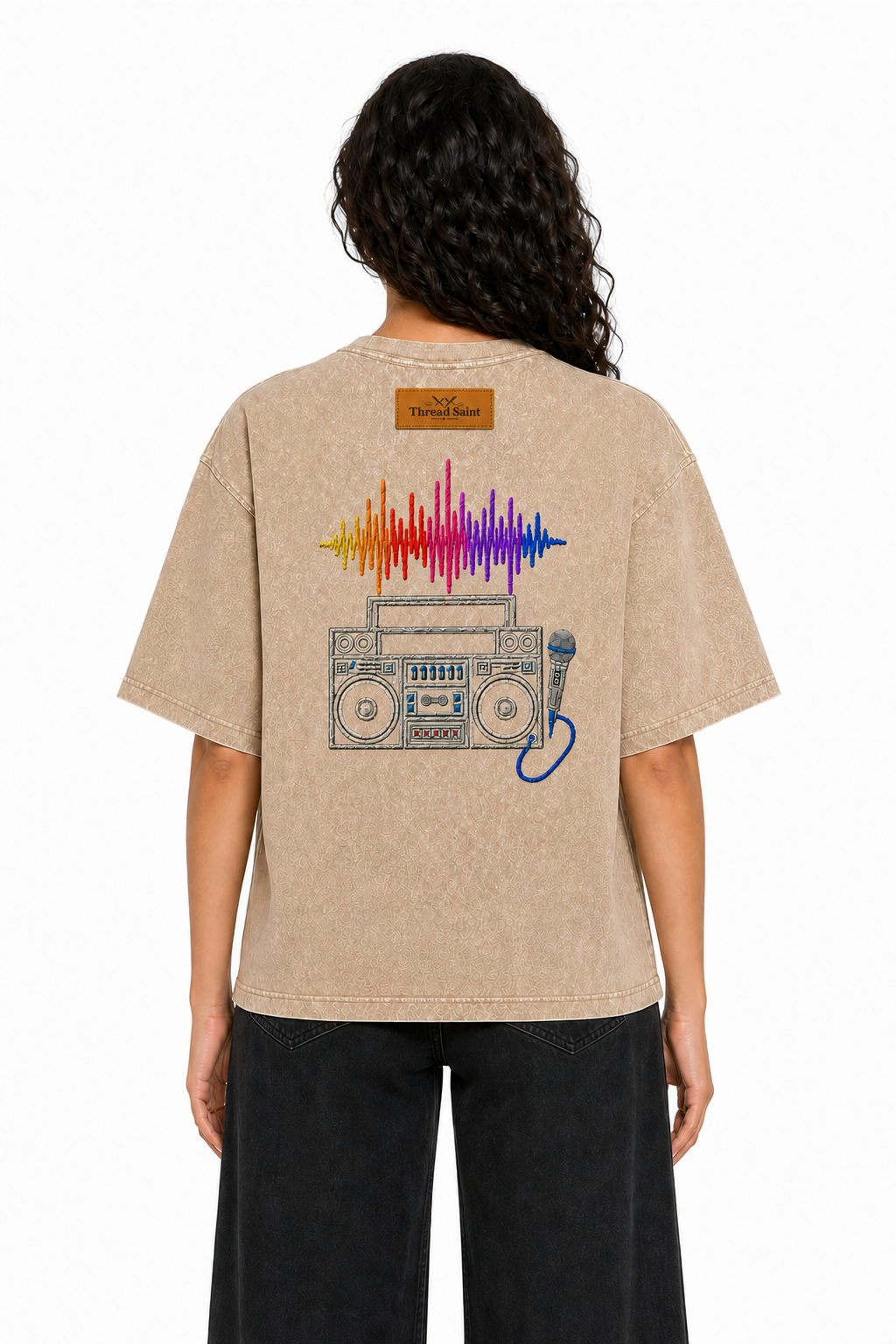 American Vintage Distressed Music Microphone Embroidered Oversized Heavy Cotton Black T-shirt Unisex