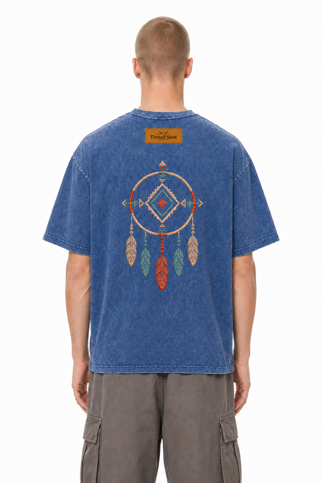 Vintage Washed Textured Black Tee | Western TS Monogram Feather Thread Saint Embroidery Oversized Unisex Top