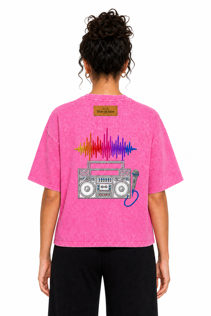 American Vintage Distressed Music Microphone Embroidered Oversized Heavy Cotton Black T-shirt Unisex