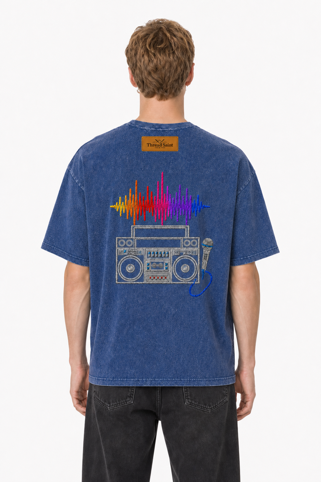 American Vintage Distressed Music Microphone Embroidered Oversized Heavy Cotton Black T-shirt Unisex