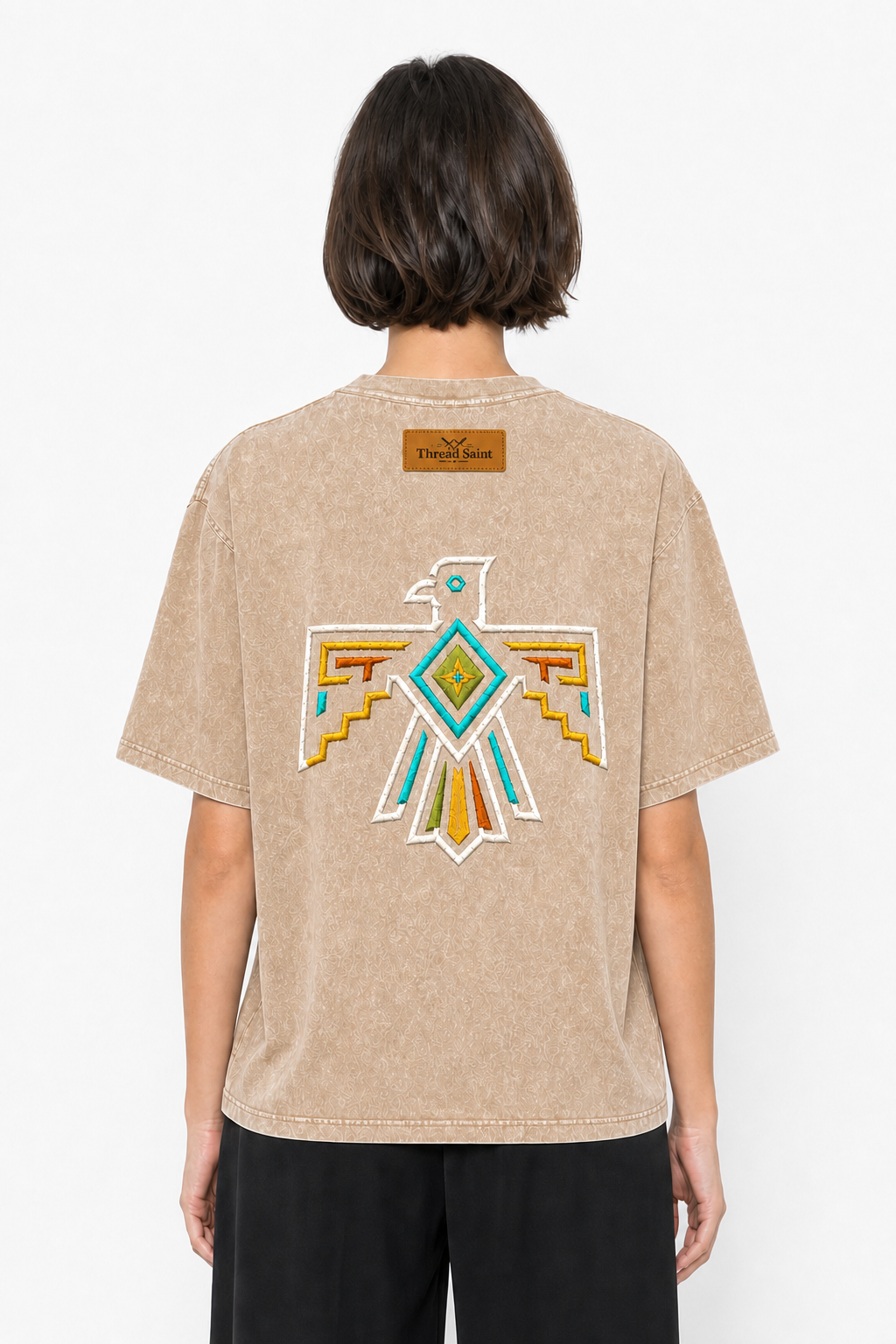 Vintage Washed Textured Black Tee | Gothic Thread Saint Embroidery with Diamond Accents Oversized Unisex Top