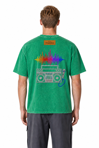 American Vintage Distressed Music Microphone Embroidered Oversized Heavy Cotton Black T-shirt Unisex