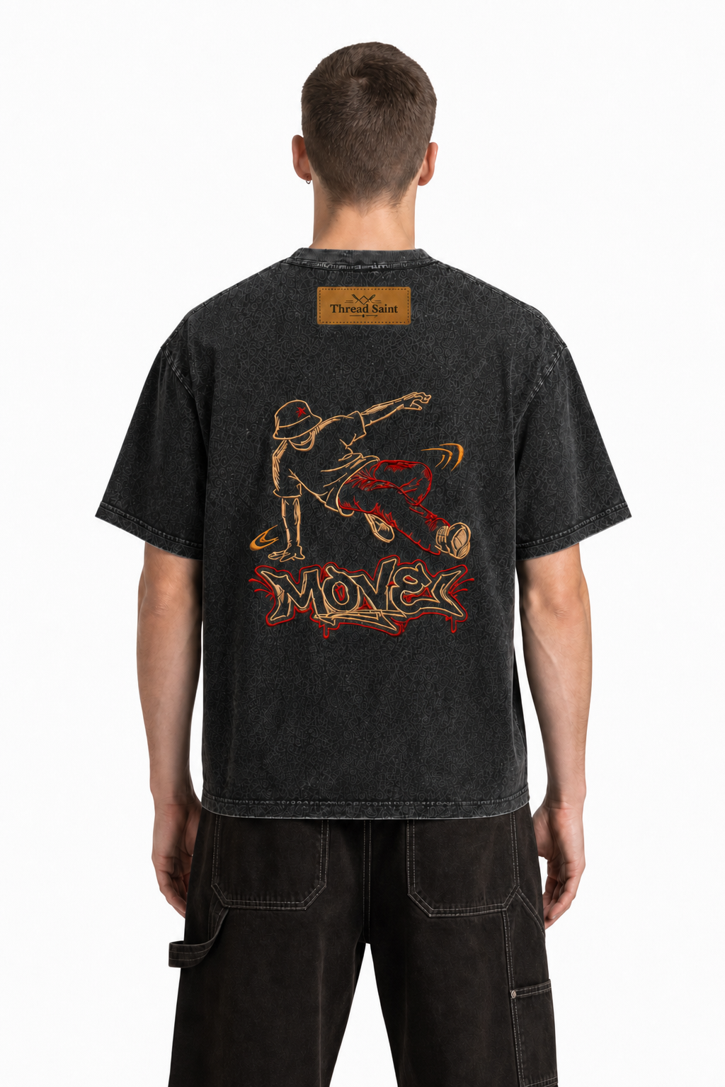 American Vintage Distressed TS Monogram Embroidered Oversized Heavy Cotton Black T-shirt Unisex
