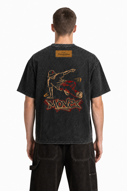 American Vintage Distressed TS Monogram Embroidered Oversized Heavy Cotton Black T-shirt Unisex