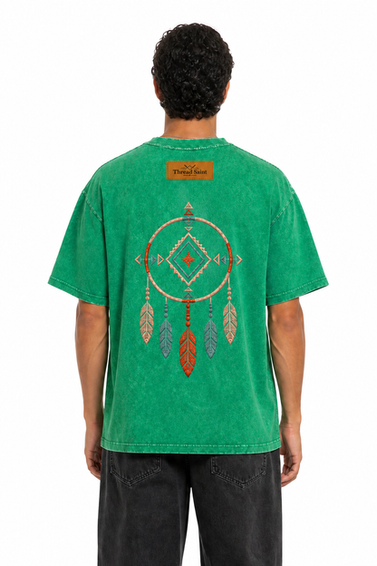 Vintage Washed Textured Black Tee | Western TS Monogram Feather Thread Saint Embroidery Oversized Unisex Top