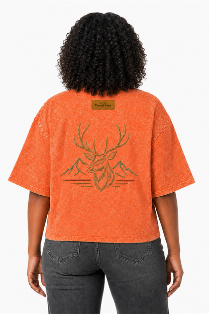 Vintage Washed Textured Black Tee | Oval Mountain Thread Saint Badge Embroidery Oversized Unisex Top