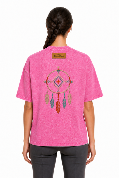 Vintage Washed Textured Black Tee | Western TS Monogram Feather Thread Saint Embroidery Oversized Unisex Top