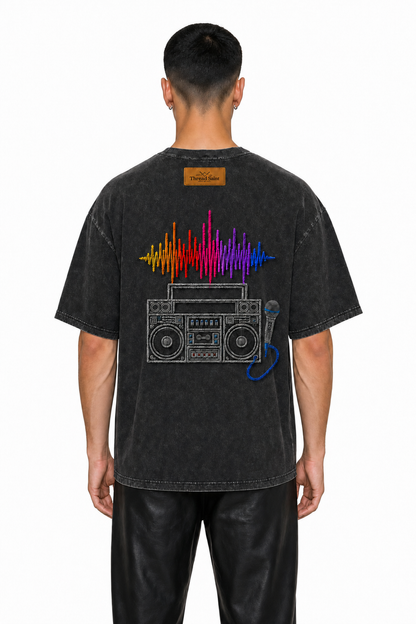 American Vintage Distressed Music Microphone Embroidered Oversized Heavy Cotton Black T-shirt Unisex