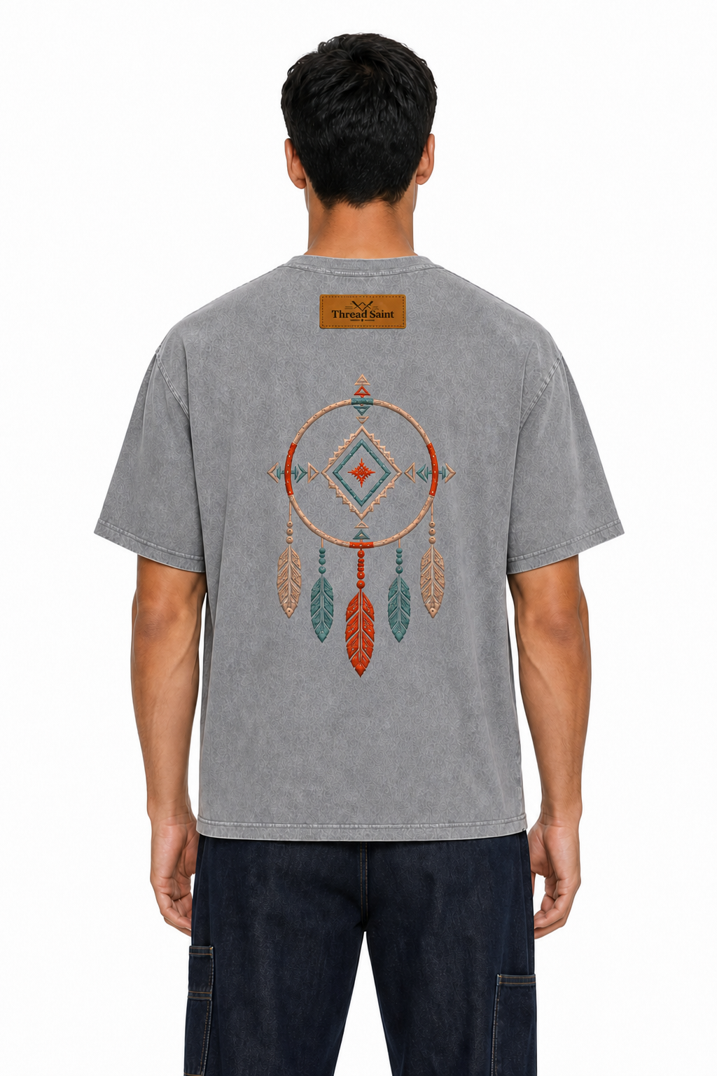 Vintage Washed Textured Black Tee | Western TS Monogram Feather Thread Saint Embroidery Oversized Unisex Top