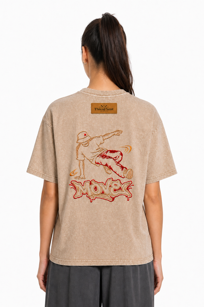 American Vintage Distressed TS Monogram Embroidered Oversized Heavy Cotton Black T-shirt Unisex