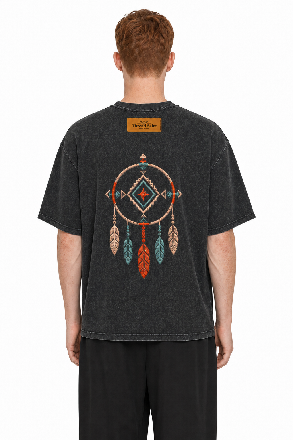 Vintage Washed Textured Black Tee | Western TS Monogram Feather Thread Saint Embroidery Oversized Unisex Top