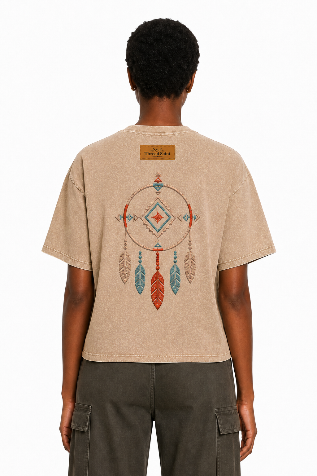 Vintage Washed Textured Black Tee | Western TS Monogram Feather Thread Saint Embroidery Oversized Unisex Top