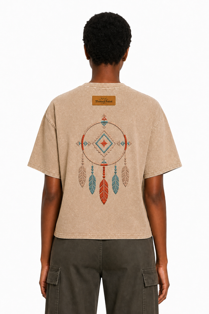 Vintage Washed Textured Black Tee | Western TS Monogram Feather Thread Saint Embroidery Oversized Unisex Top