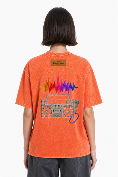 American Vintage Distressed Music Microphone Embroidered Oversized Heavy Cotton Black T-shirt Unisex