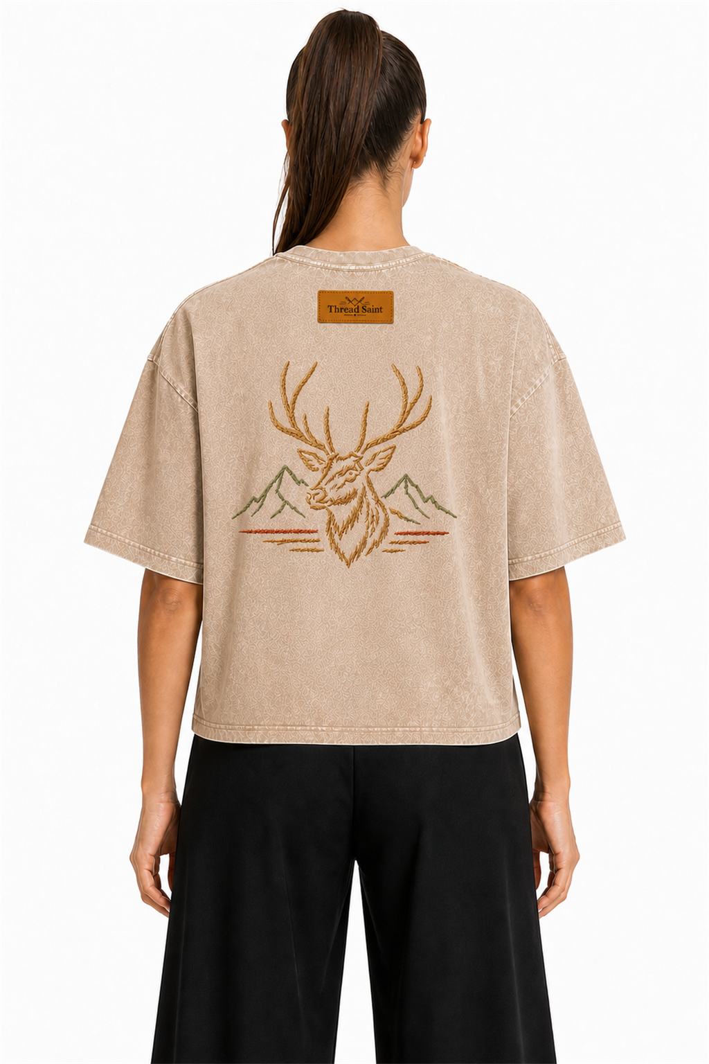 Vintage Washed Textured Black Tee | Oval Mountain Thread Saint Badge Embroidery Oversized Unisex Top