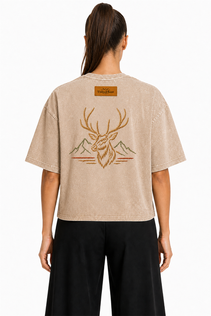 Vintage Washed Textured Black Tee | Oval Mountain Thread Saint Badge Embroidery Oversized Unisex Top