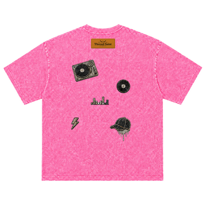 Vintage Washed Textured Black Tee | Thread Saint Curved Star Logo Embroidery Oversized Unisex Top