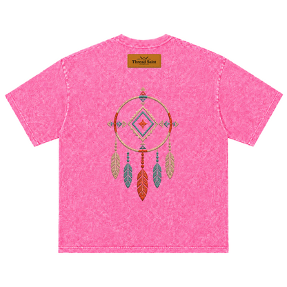 Vintage Washed Textured Black Tee | Western TS Monogram Feather Thread Saint Embroidery Oversized Unisex Top