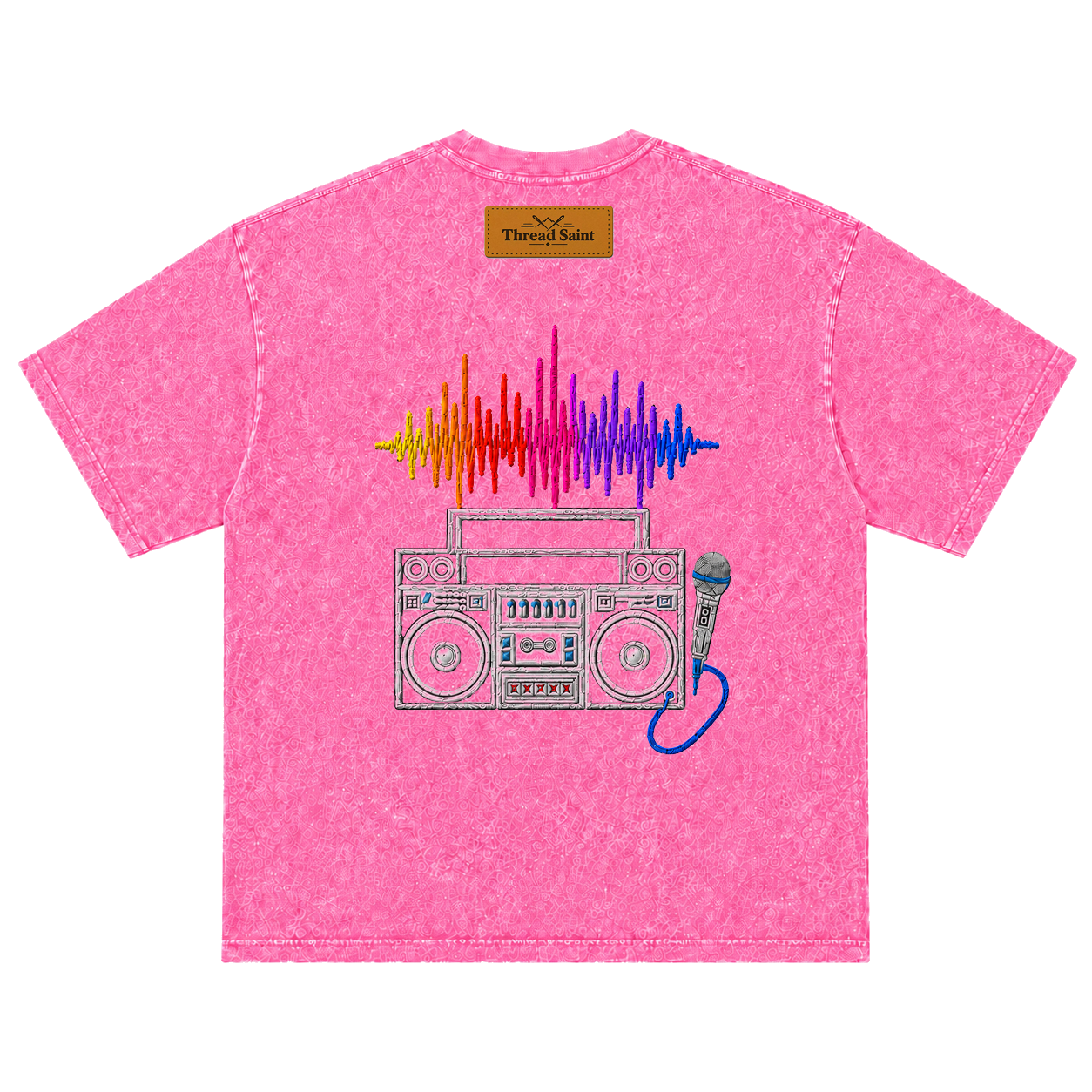American Vintage Distressed Music Microphone Embroidered Oversized Heavy Cotton Black T-shirt Unisex