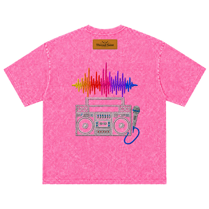 American Vintage Distressed Music Microphone Embroidered Oversized Heavy Cotton Black T-shirt Unisex