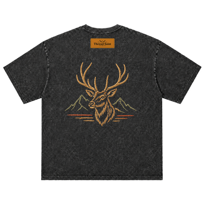 Vintage Washed Textured Black Tee | Oval Mountain Thread Saint Badge Embroidery Oversized Unisex Top