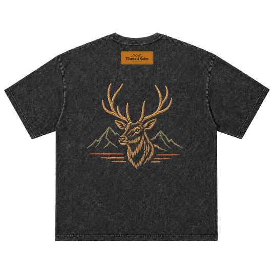 Vintage Washed Textured Black Tee | Oval Mountain Thread Saint Badge Embroidery Oversized Unisex Top