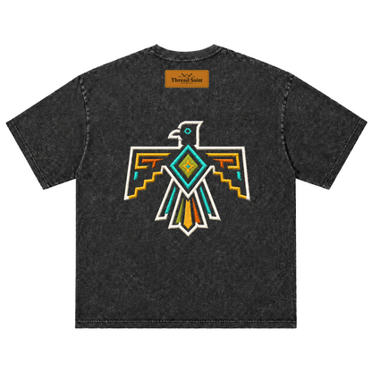 Vintage Washed Textured Black Tee | Gothic Thread Saint Embroidery with Diamond Accents Oversized Unisex Top