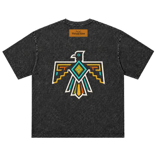 Vintage Washed Textured Black Tee | Gothic Thread Saint Embroidery with Diamond Accents Oversized Unisex Top
