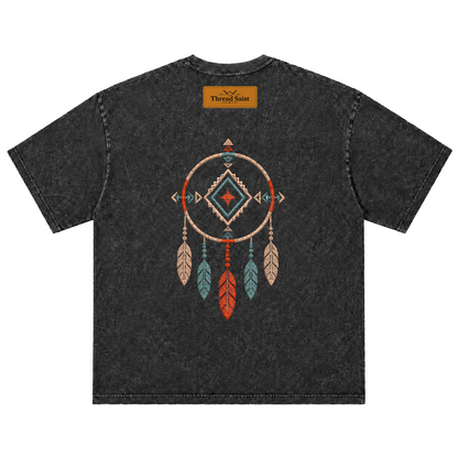 Vintage Washed Textured Black Tee | Western TS Monogram Feather Thread Saint Embroidery Oversized Unisex Top