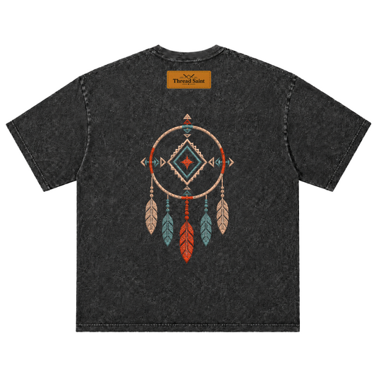 Vintage Washed Textured Black Tee | Western TS Monogram Feather Thread Saint Embroidery Oversized Unisex Top