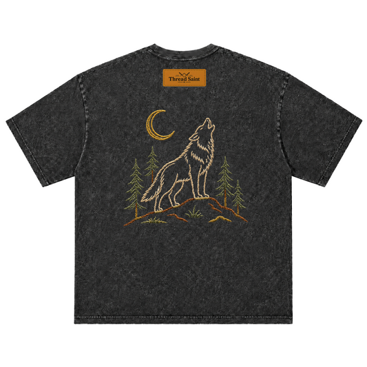 Vintage Washed Textured Black Tee | Forest Pine Thread Saint Embroidery Oversized Unisex Outdoor Top