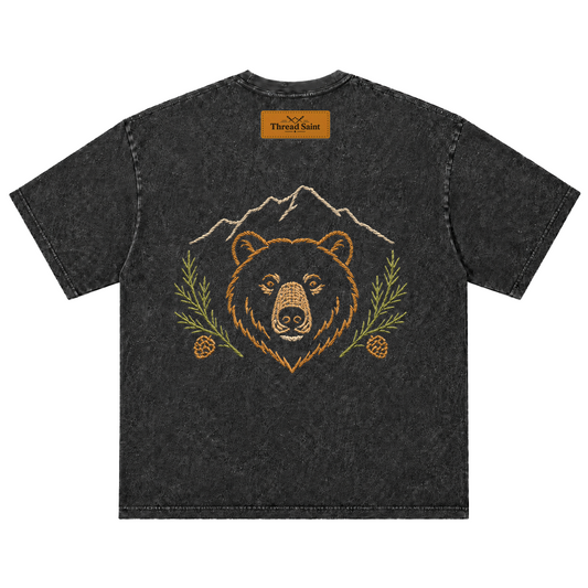 American Outdoor Vintage Distressed Mountain Graphic Embroidered Oversized Heavy Cotton Black T-shirt Unisex