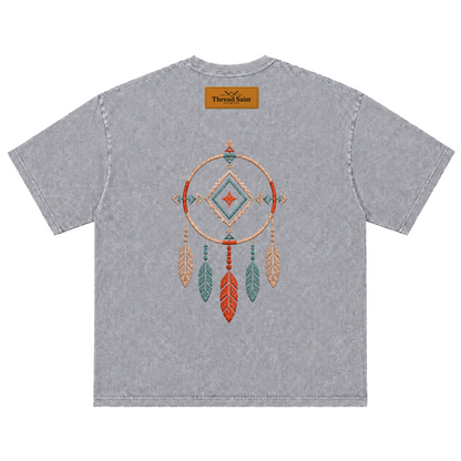 Vintage Washed Textured Black Tee | Western TS Monogram Feather Thread Saint Embroidery Oversized Unisex Top
