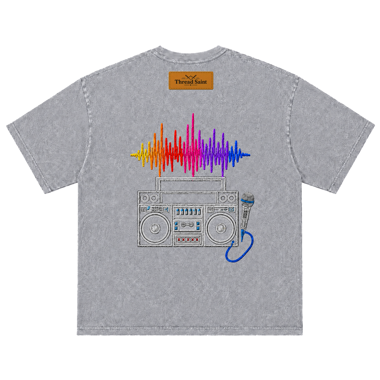 American Vintage Distressed Music Microphone Embroidered Oversized Heavy Cotton Black T-shirt Unisex