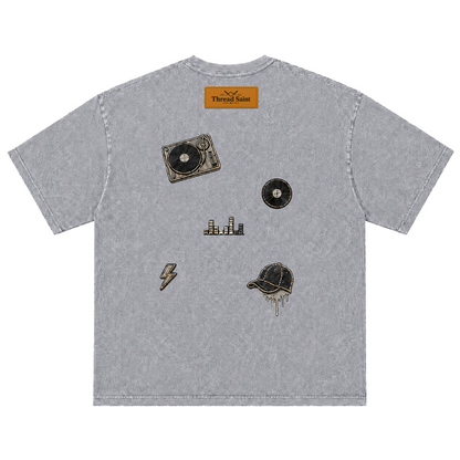 Vintage Washed Textured Black Tee | Thread Saint Curved Star Logo Embroidery Oversized Unisex Top