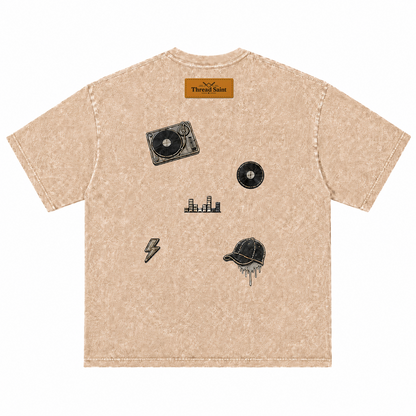 Vintage Washed Textured Black Tee | Thread Saint Curved Star Logo Embroidery Oversized Unisex Top