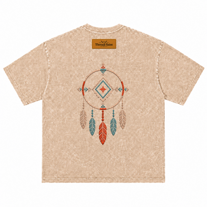 Vintage Washed Textured Black Tee | Western TS Monogram Feather Thread Saint Embroidery Oversized Unisex Top