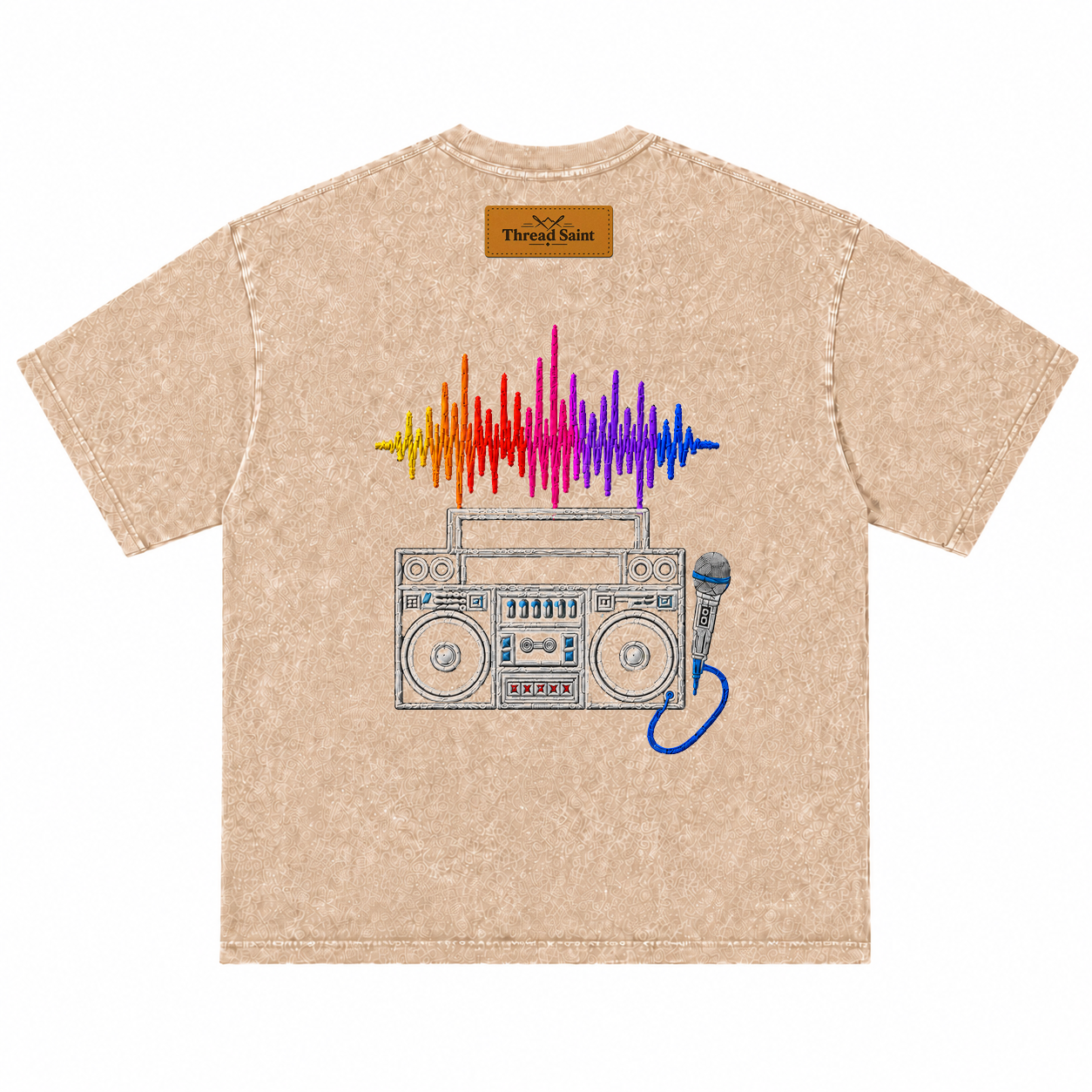 American Vintage Distressed Music Microphone Embroidered Oversized Heavy Cotton Black T-shirt Unisex